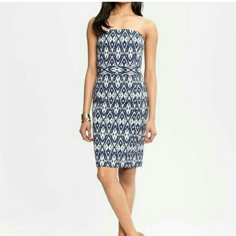 Banana Republic Strapless Midi Dress Navy Blue Ikat Print Lined Size 0